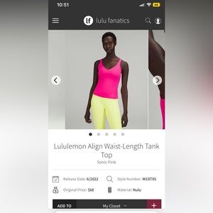 LULULEMON SONIC PINK ALIGN WAIST LENGTH TANK SIZE 6